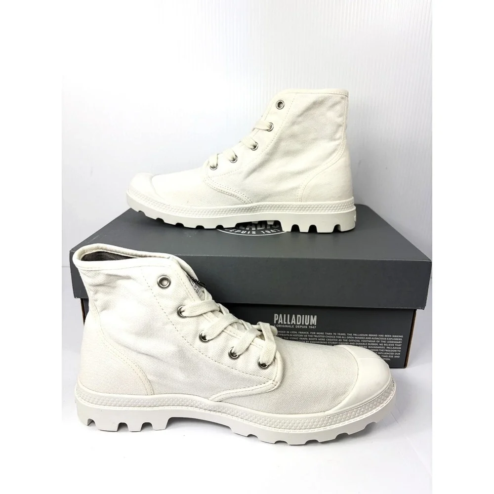 Palladium Pampa Hi Womens 8.5 Star White Canvas Ankle Combat Boots Lug Sole